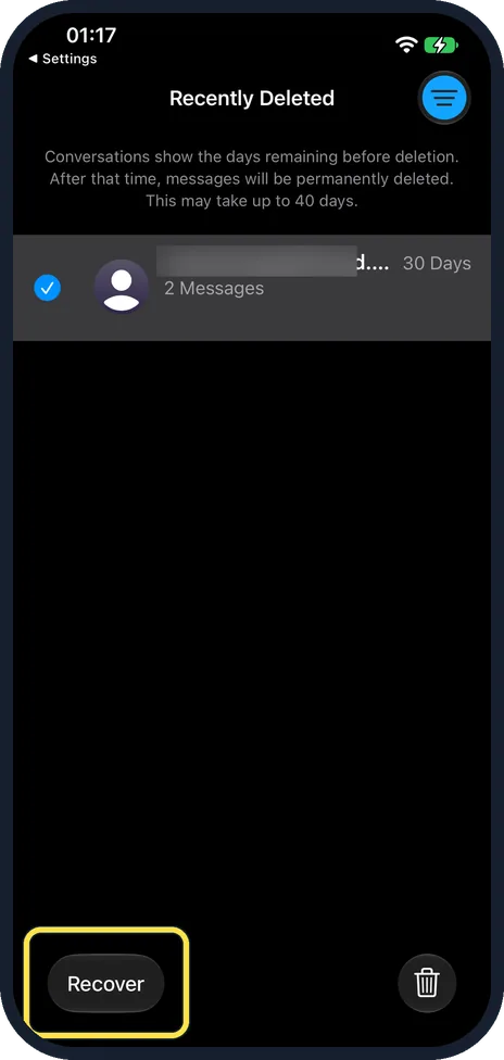 iPhone screen: Select it and tap Recover