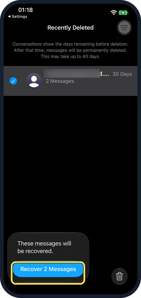 iPhone screen: Tap Recover Messages