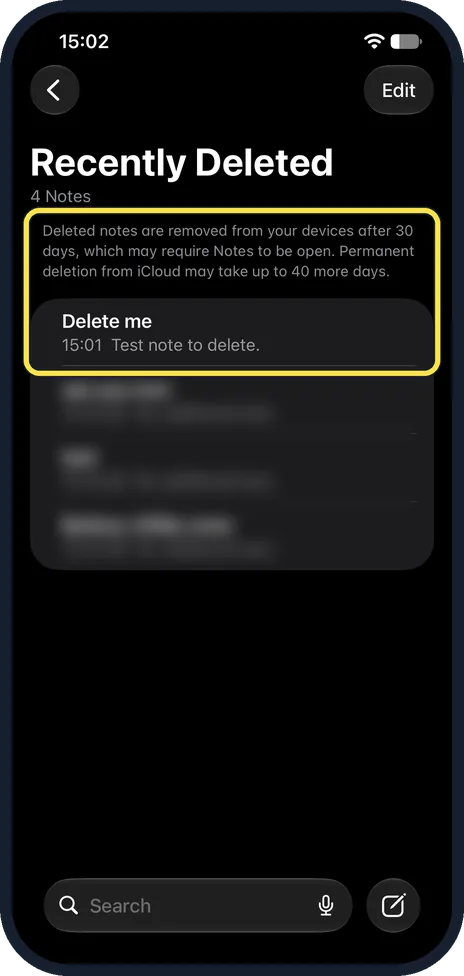 iPhone screen: Find the note