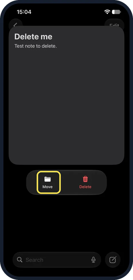 iPhone screen: Touch and hold, then tap Move