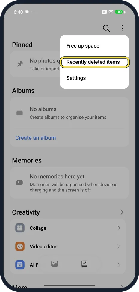 Android screenshot: Open Recently deleted items