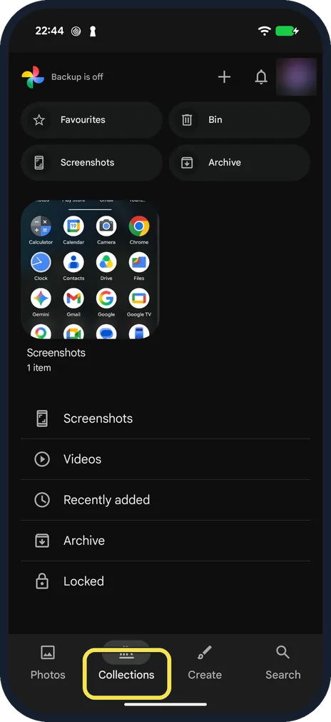 Android screenshot: Open Google Photos and tap Collections