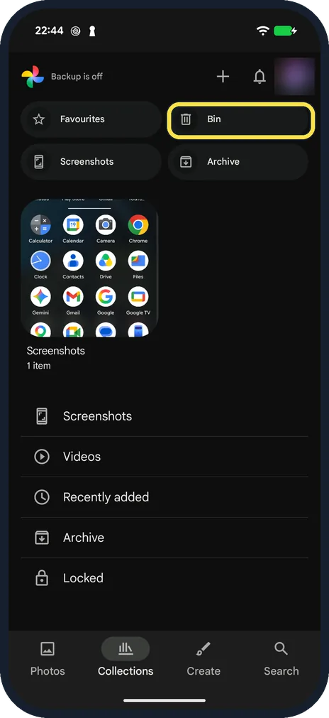 Android screenshot: Tap Bin