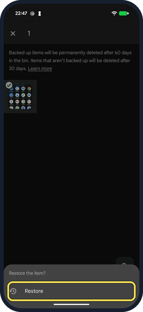 Android screenshot: Confirm with Restore