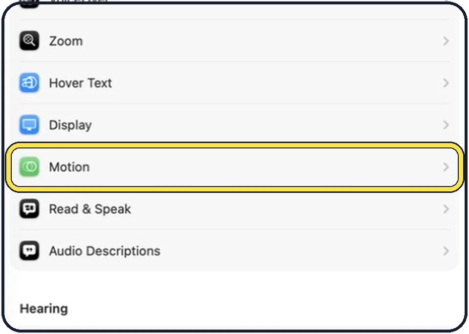 Mac screenshot: Click Accessibility, then Motion