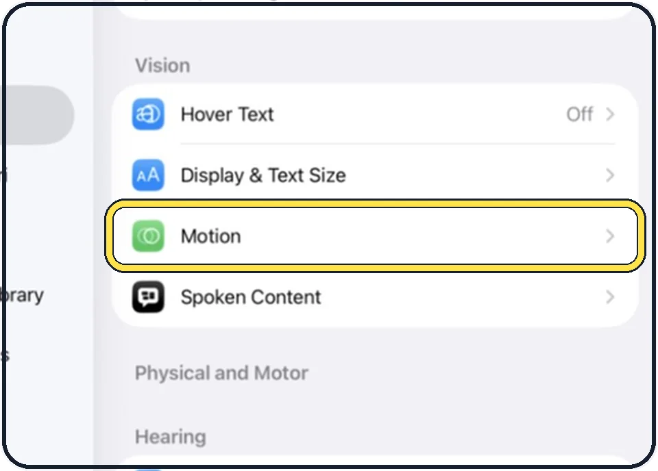 iPad screenshot: Tap Accessibility, then Motion