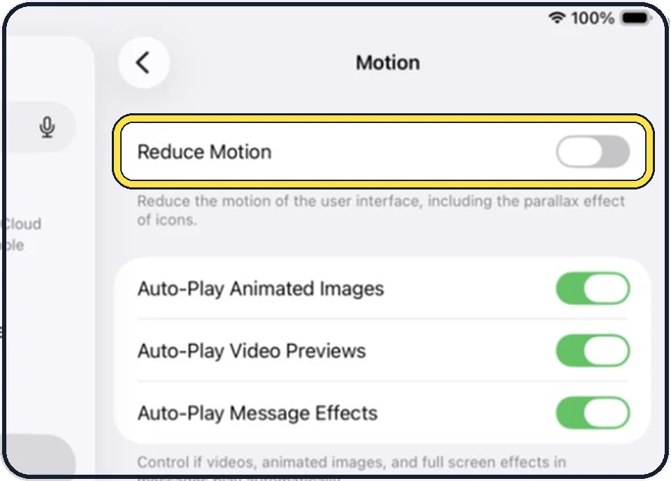 iPad screenshot: Switch on Reduce Motion