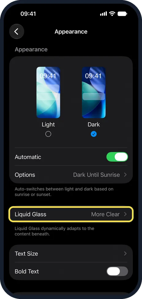 iPhone screen: Tap Liquid Glass