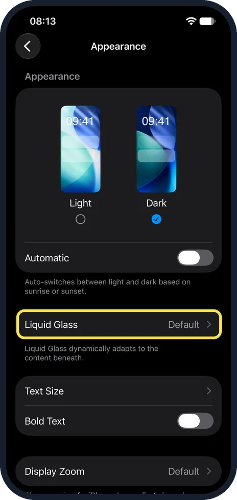iPhone screen: Tap Liquid Glass
