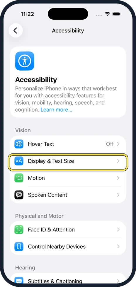 iPhone screen: Tap Display & Text Size