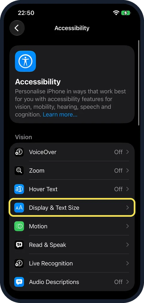 iPhone screen: Tap Display & Text Size