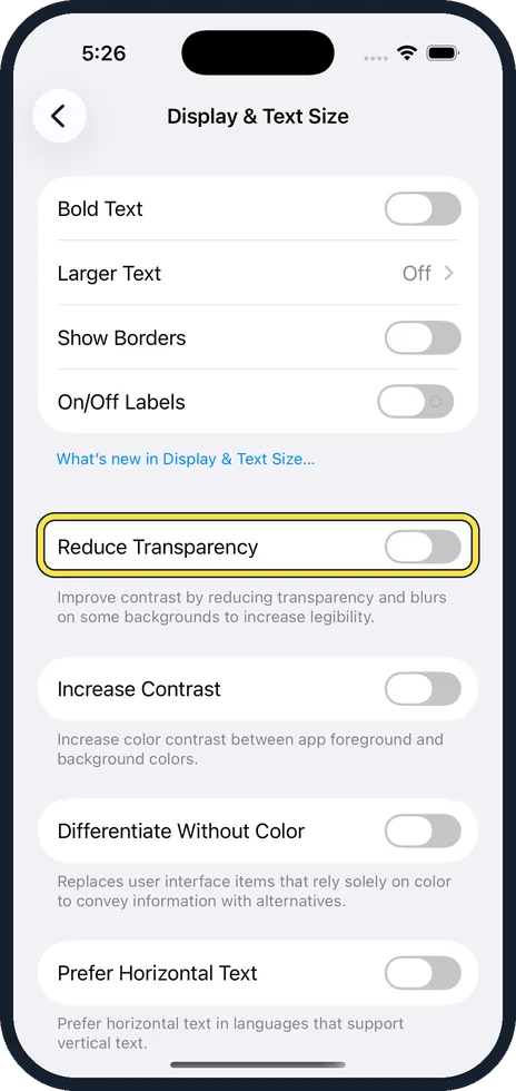 iPhone screen: Switch on Reduce Transparency