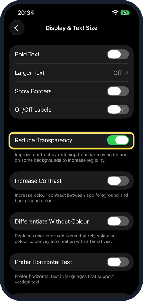 iPhone screen: Switch on Reduce Transparency
