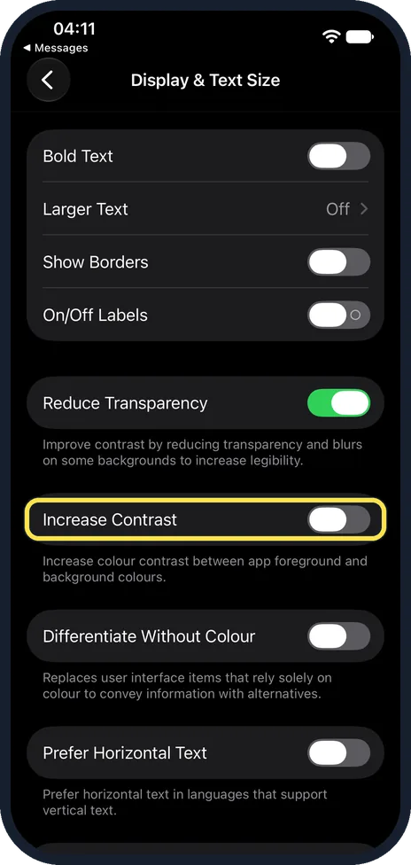iPhone screen: Switch on Increase Contrast if you need more