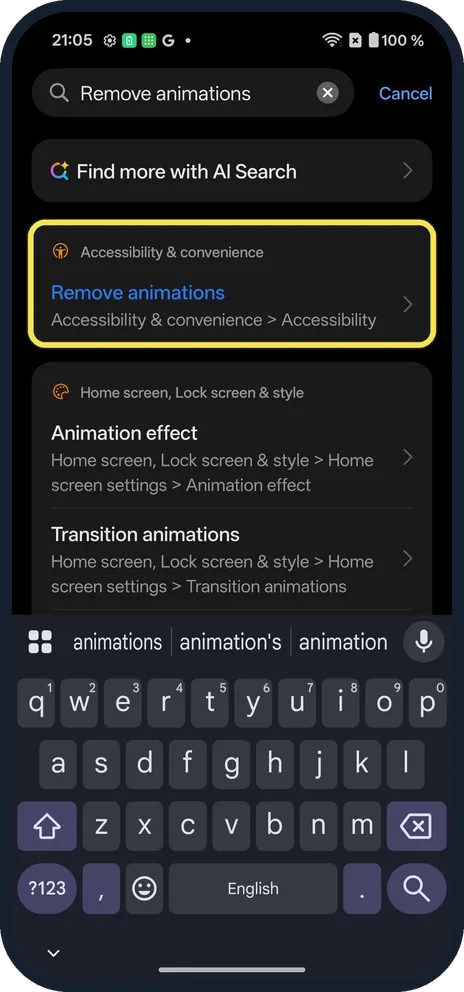 Screenshot from the guide: How to remove animations on a OnePlus (OxygenOS 16)