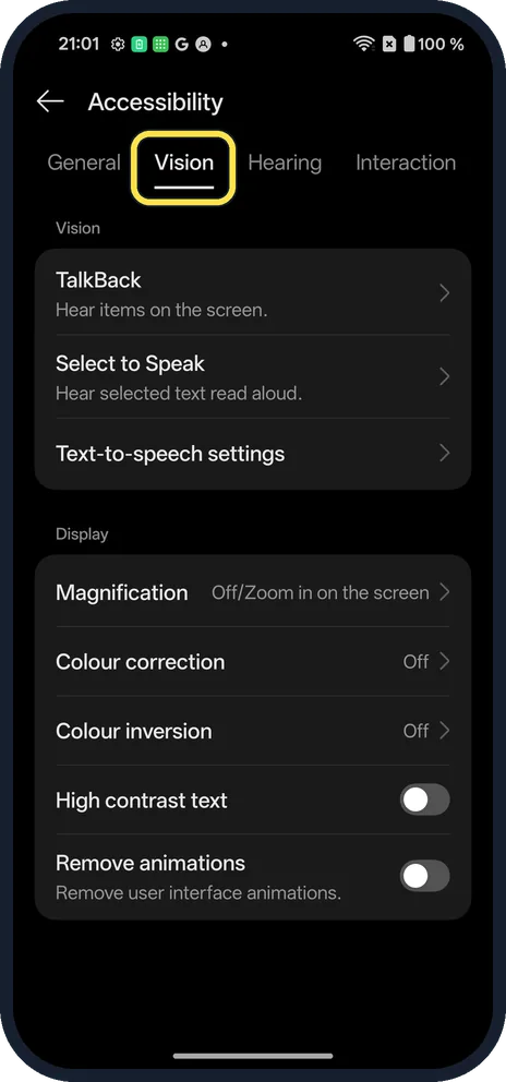 Android screenshot: Or open the Vision tab