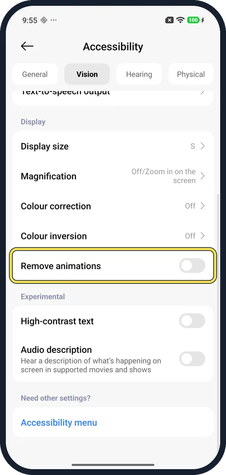 Android screenshot: Find Remove animations