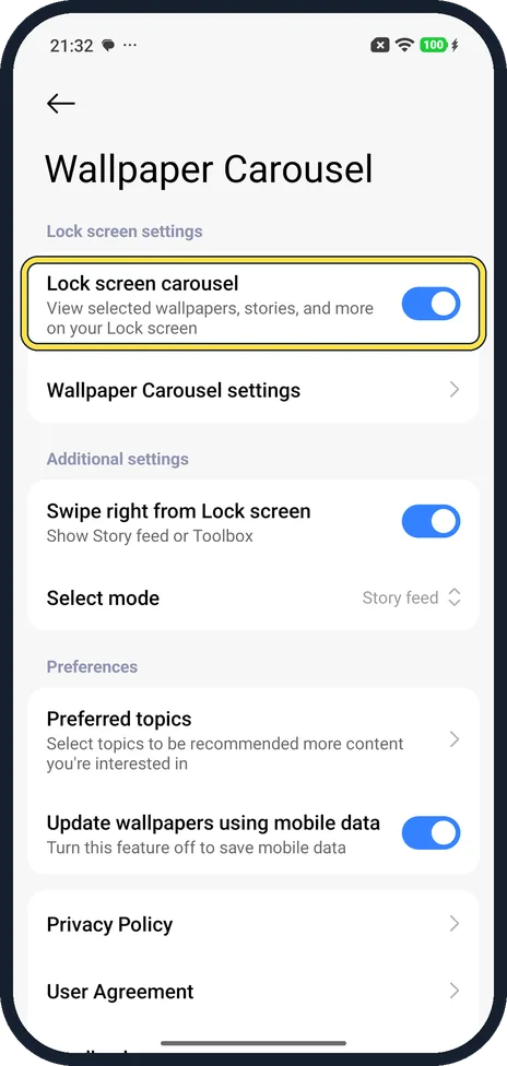 Android screenshot: Turn off Lock screen carousel