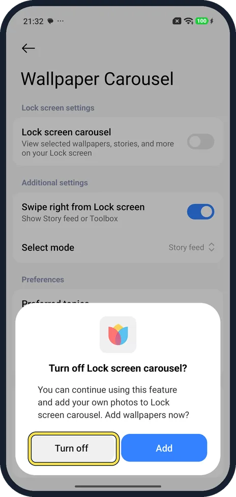 Android screenshot: Tap Turn off