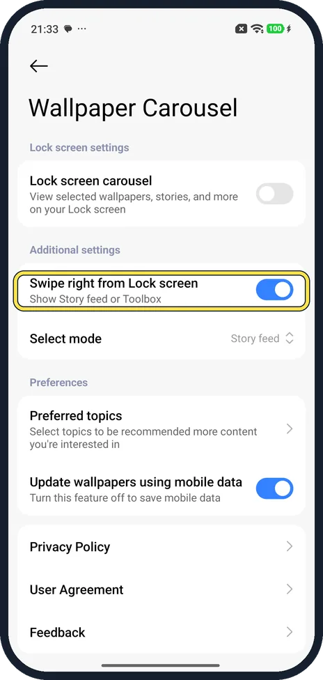 Android screenshot: Check the swipe-right feed