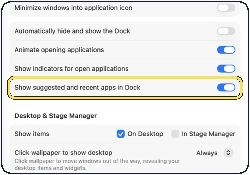 Mac screenshot: Switch off Show suggested and recent apps in Dock