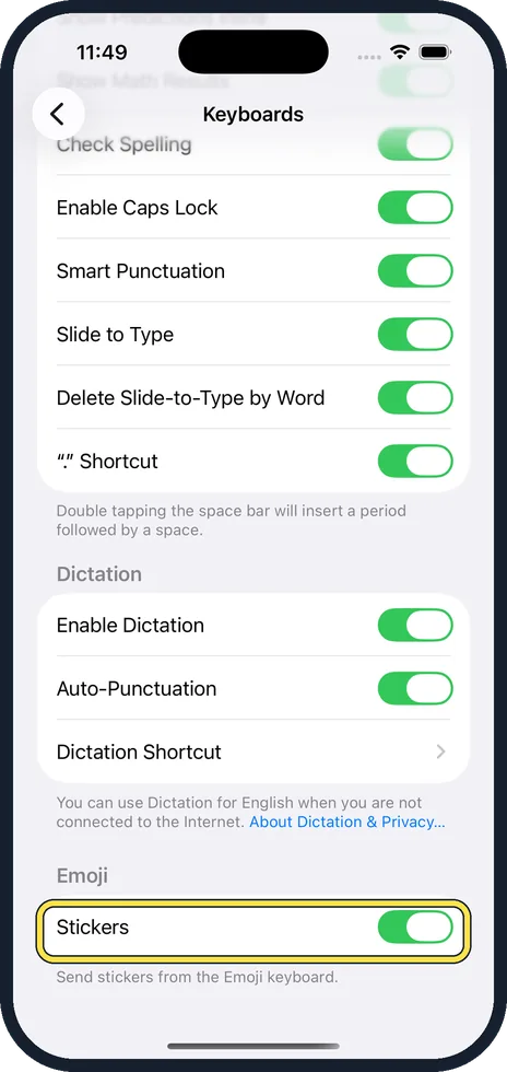 iPhone screen: Scroll to the bottom and switch off Stickers