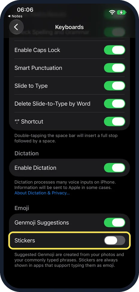 iPhone screen: Scroll to the bottom and switch off Stickers