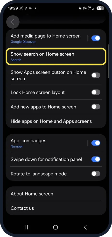 Android screenshot: Tap Show search on Home screen