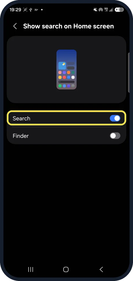 Android screenshot: Find the Search switch