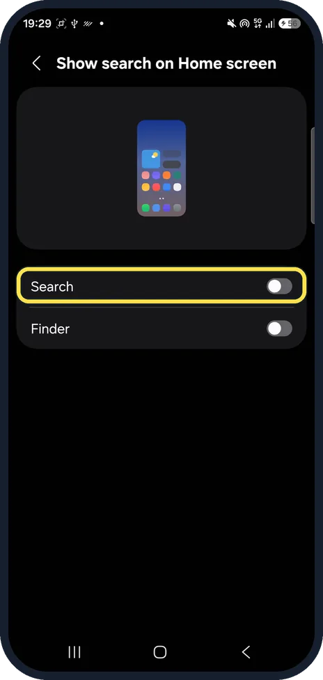 Android screenshot: Turn off Search