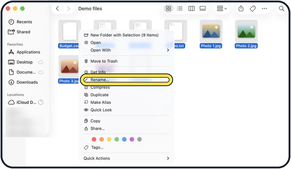Mac screenshot: Right-click and choose Rename
