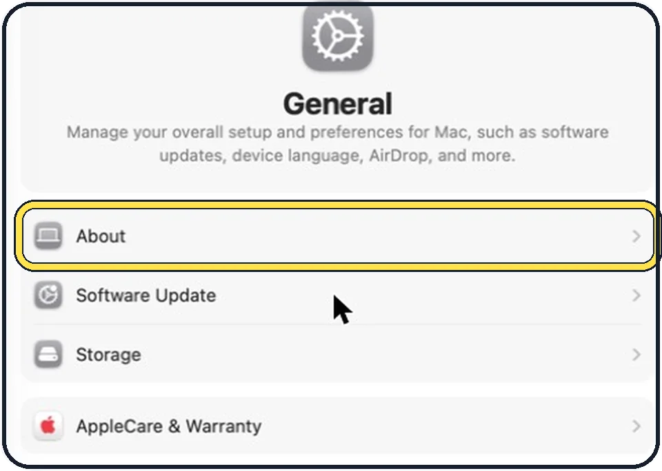 Part of the Mac System Settings window: Click About