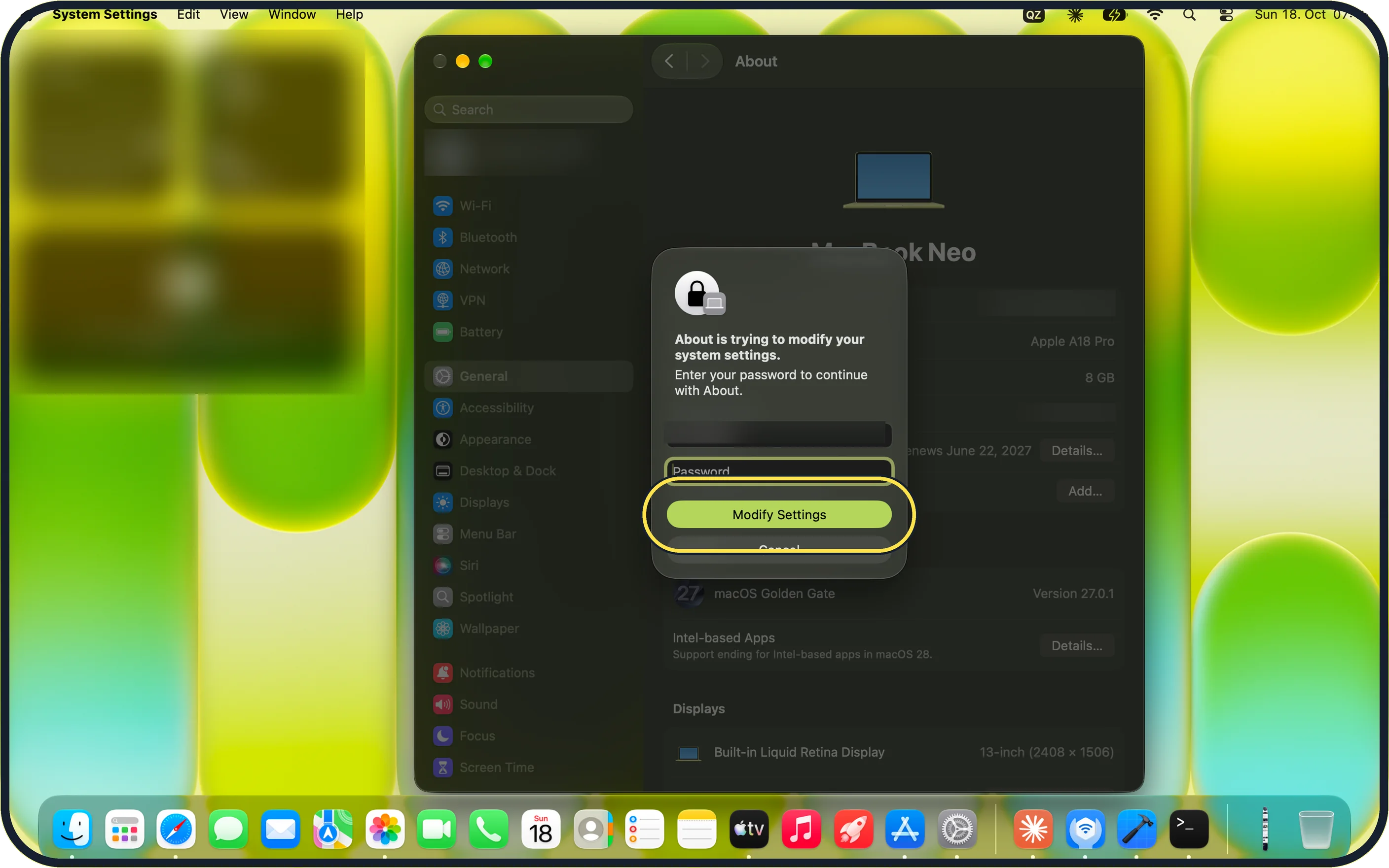 Mac screenshot: Enter your password, click Modify Settings and type the new name