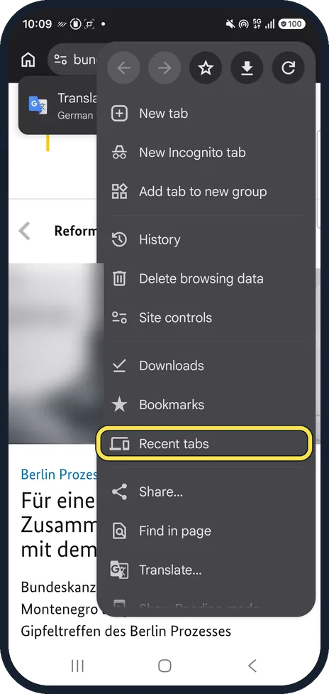 Android screenshot: Open Recent tabs