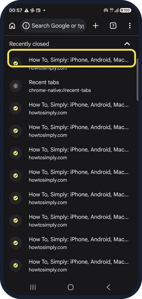 Android screenshot: Tap a recently closed tab