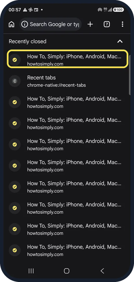 Screenshot from the guide: How to reopen closed tabs in Chrome on Android