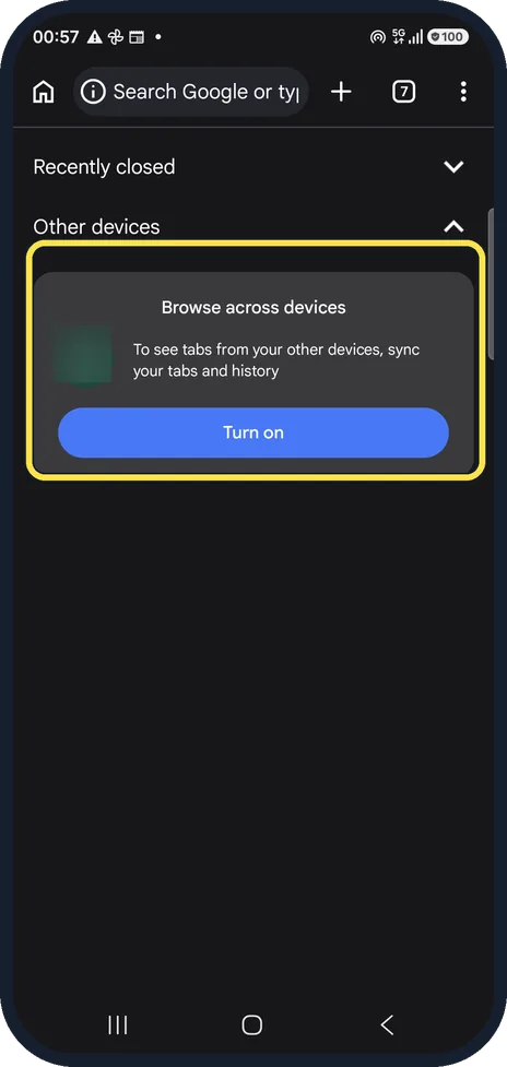 Android screenshot: Find tabs from your other devices
