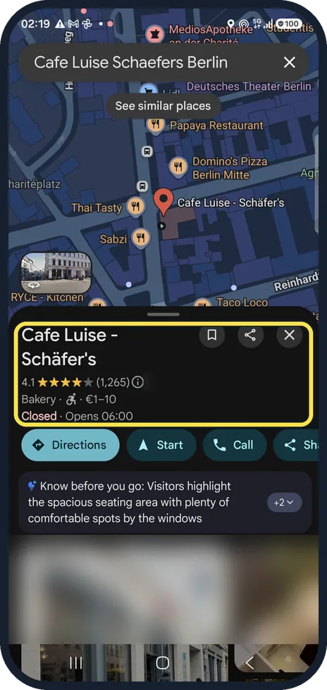 Android screenshot: Open the place