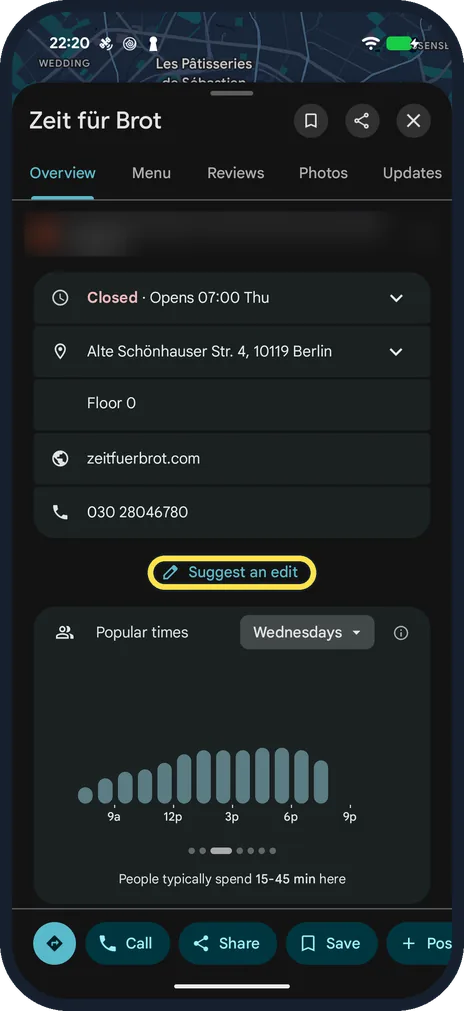 Screenshot from the guide: How to report a closed business or wrong place in Google Maps on Android