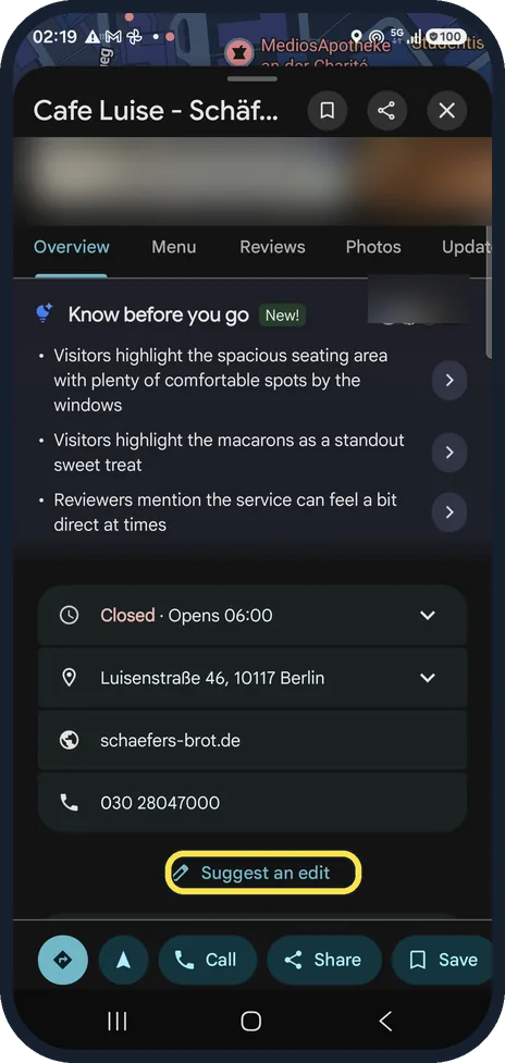 Android screenshot: Tap Suggest an edit