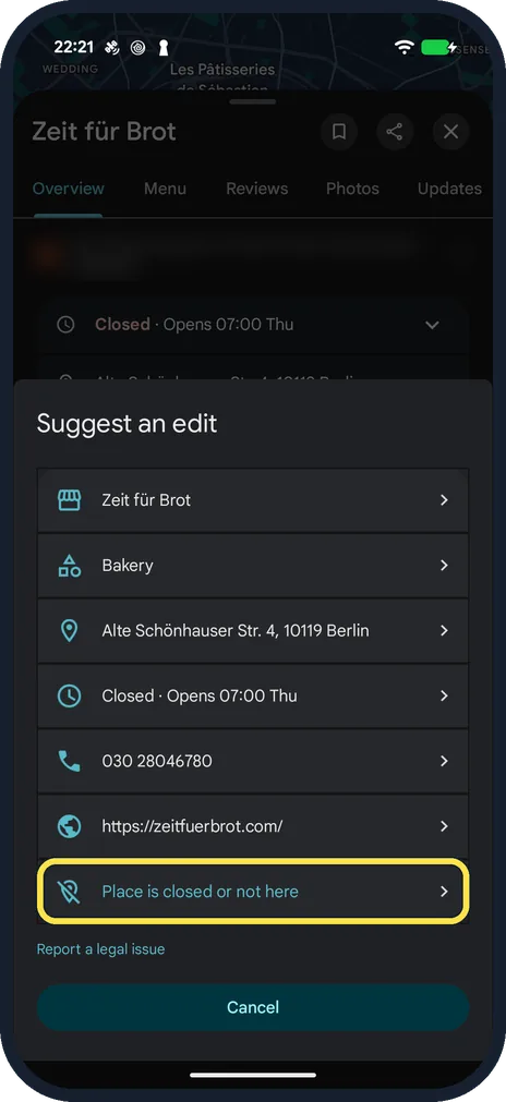 Android screenshot: Tap Place is closed or not here