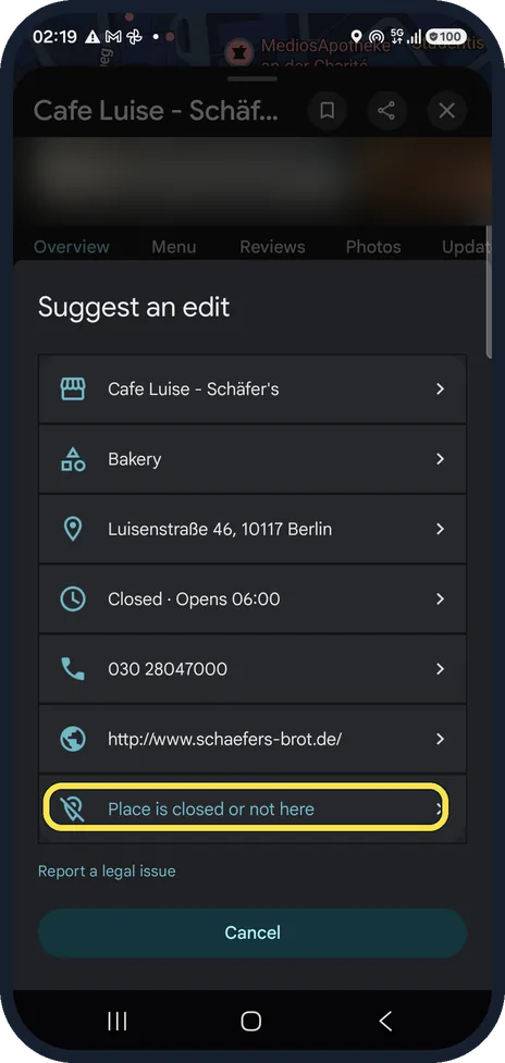 Android screenshot: Tap Place is closed or not here