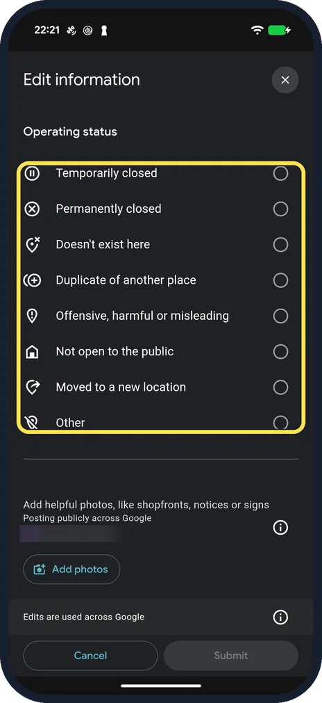 Android screenshot: Choose the reason