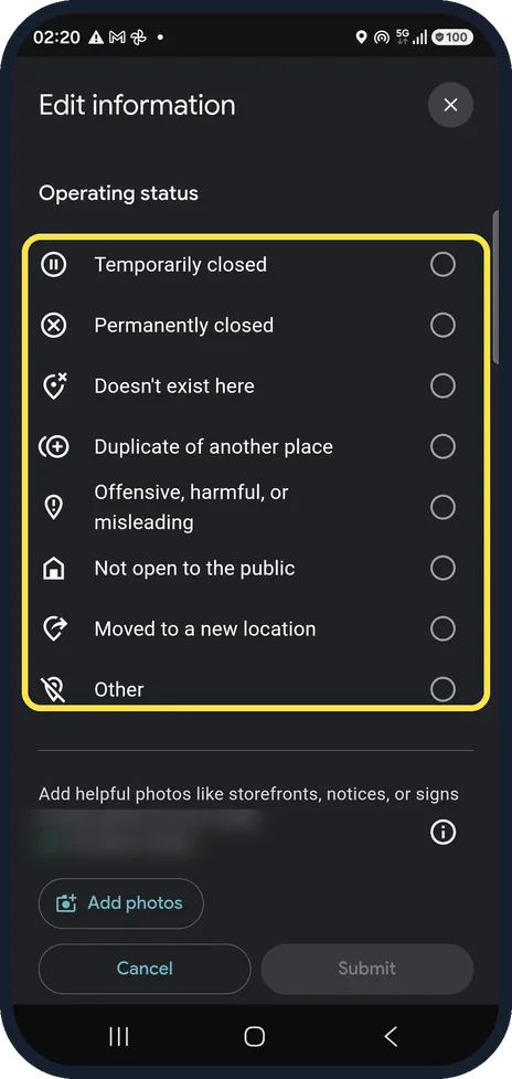 Android screenshot: Pick the reason and submit