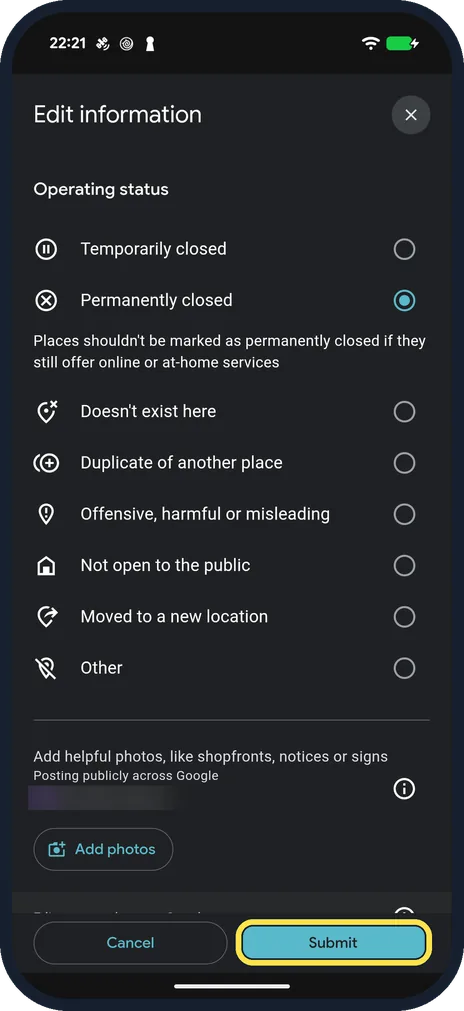 Android screenshot: Submit