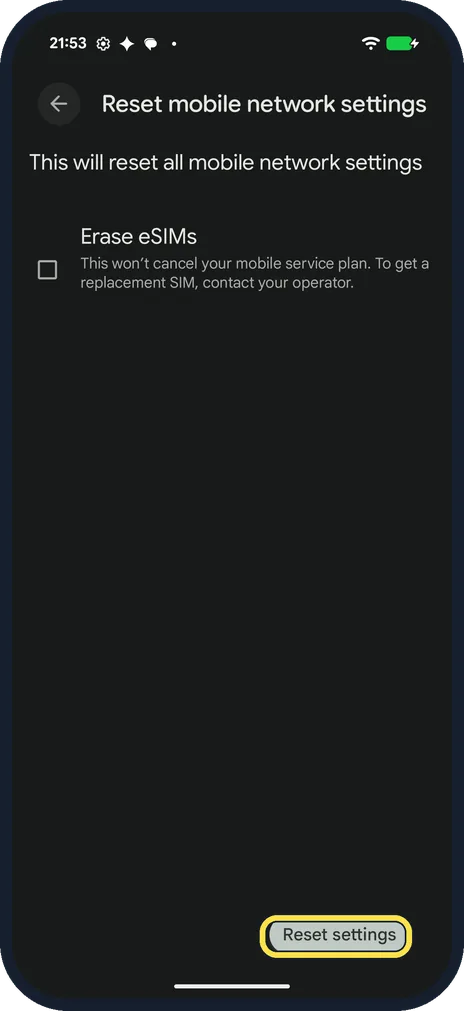 Android screenshot: Tap Reset settings