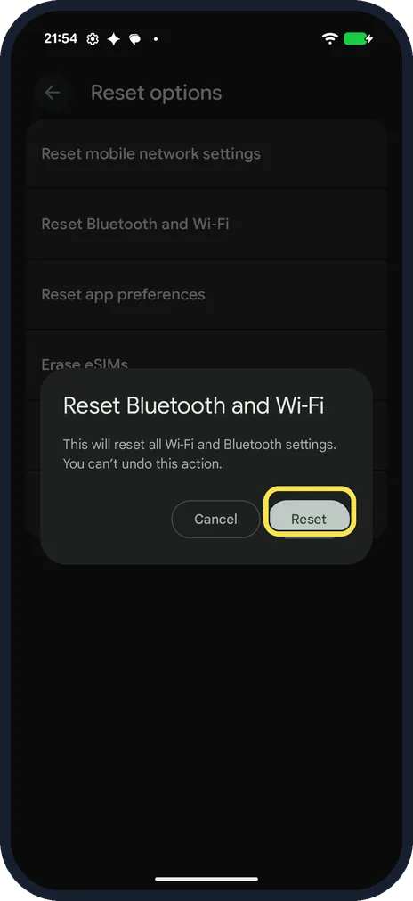 Android screenshot: Bluetooth and Wi-Fi: tap Reset