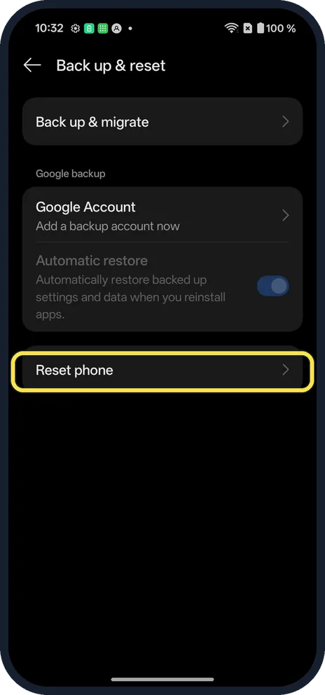 Android screenshot: Tap Reset phone
