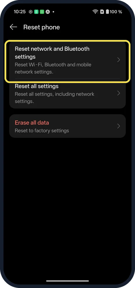 Android screenshot: Tap Reset network and Bluetooth settings