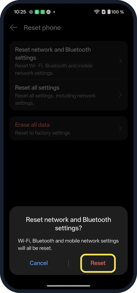 Android screenshot: Tap Reset